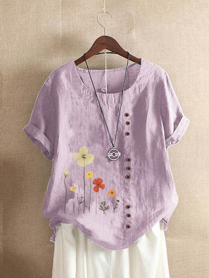 Casual Summer Beach Cotton And Linen Printed Elegant Short Sleeve blouse Top Women