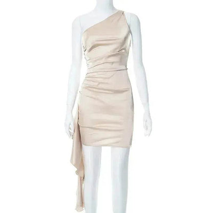 One-shoulder Sleeveless Mini Dress Charming Slim Backless Party Wedding Satin Dresses Womens Clothing