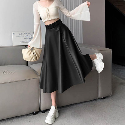 Elegant women High waist Flared Midi PU Leather skirt