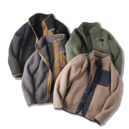 Fleece-lined Thickened Stand Collar Pocket Winter Jacket for men