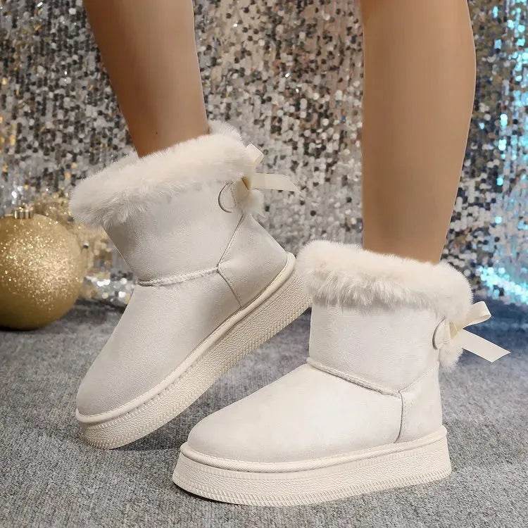 Bottes de neige d'hiver avec nœud papillon, à la mode, bout rond, plat, épaissies, en daim, coton pour femmes, chaudes, pelucheuses, courtes