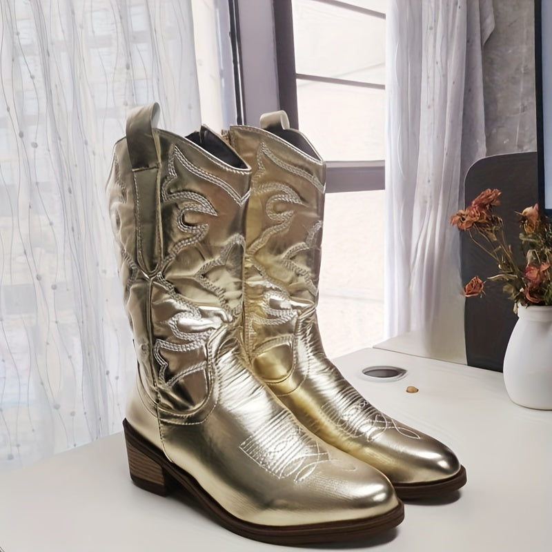 Solid Color Women's Low Heeled Embroidery Cowboy Boots, Pointed Toe V-cut Chunky Retro Mid Calf Western Boots