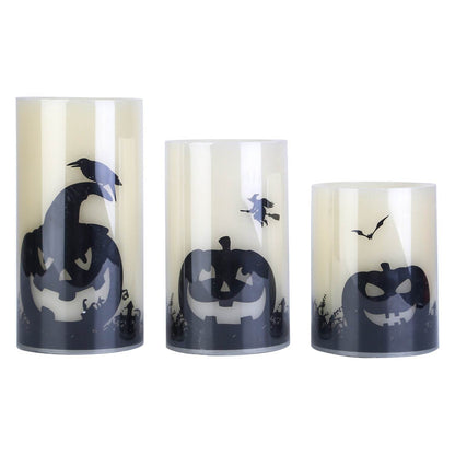 Lot de 3 bougies sans flamme d'Halloween avec minuterie, fonctionnant sur piles, lumières orange chaudes pour la décoration de fête d'Halloween.