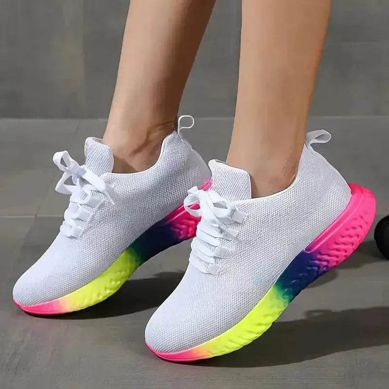 Baskets arc-en-ciel - Chaussures en maille à lacets avec semelle arc-en-ciel Chaussures de marche mode sport sneakers pour femme