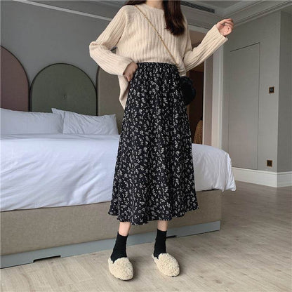 Casual Floral New Fresh High Waist Slimming Korean-style Midi A- Line Skirt