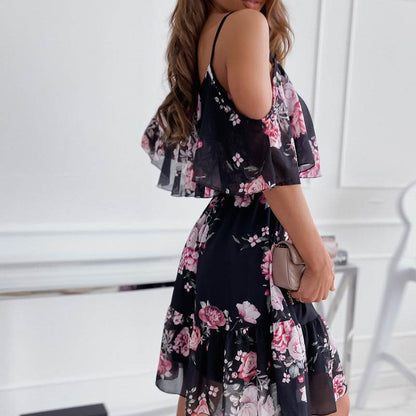Flower Printed Ruffled Suspender Dress Summer Off-the-shoulder Strap Dresses Women