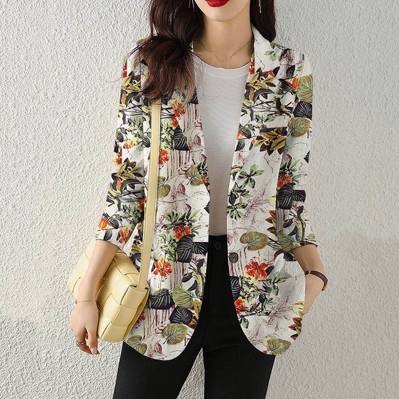 Women's Button Printed Long-sleeved Pocket Vintage Cotton And Linen jacket Blazer
