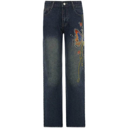 Fashion Women's Sexy High Waist Retro Individual Butterfly Print Bootcut Jeans