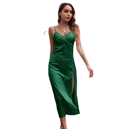 Women's Breasted Satin silk V-neck Spaghetti strap Backless Midi Dress cocktail split dress