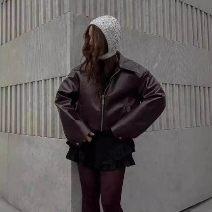 Fashioned Oversized zipper Lapel Leather coat jacket for women