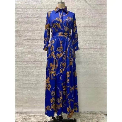 Dubai Long Dress Middle East Autumn Chain Print Swing Dress Turkish  Floral Long Sleeve dress