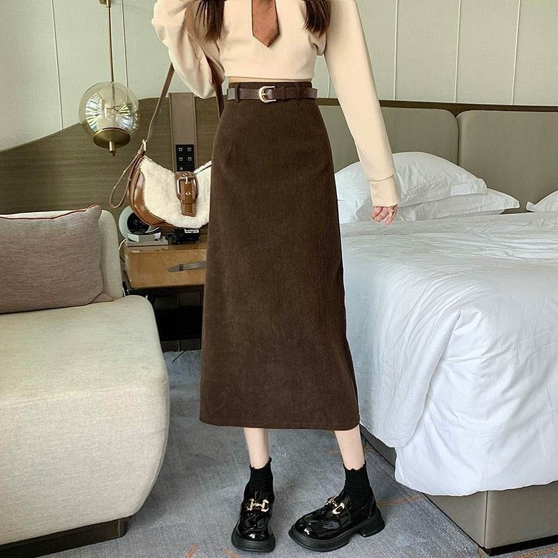 Jupe crayon longue en velours côtelé taille haute avec fente arrière à la française pour femme
