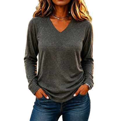 Women’s V-Neck Loose-Fit Long Sleeve T-Shirt – Solid Color Casual Pullover Top