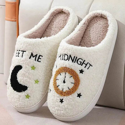 Chaussons d'intérieur imprimés lune et horloge, pantoufles chaudes d'hiver pour chambre à coucher pour femmes