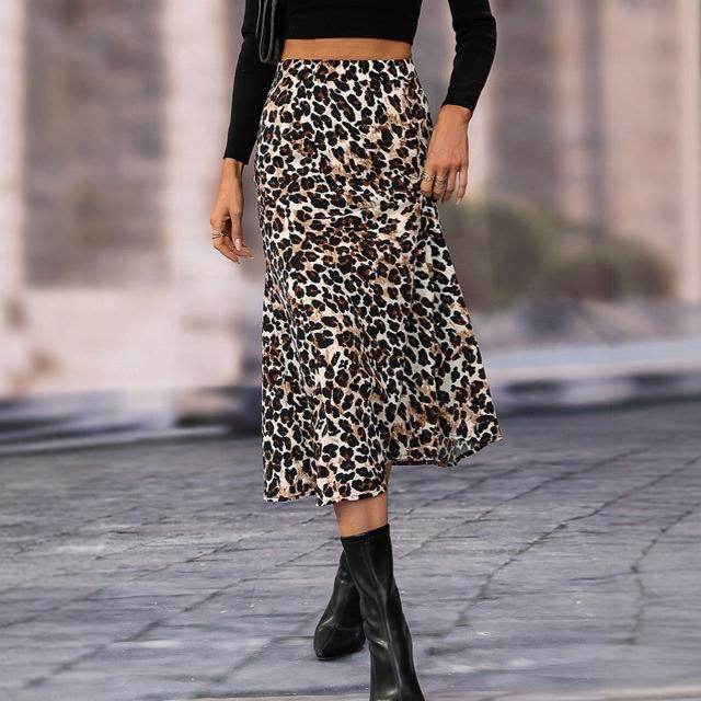 Women's A- Line Umbrella Skirt High Waist Leopard Print Midi sheath Skirt