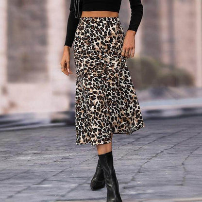 Women's A- Line Umbrella Skirt High Waist Leopard Print Midi sheath Skirt