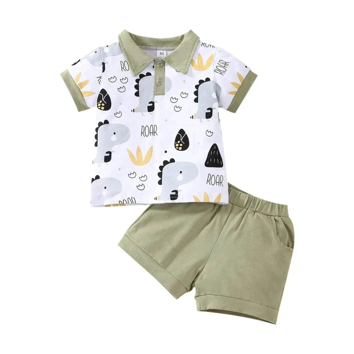 Boy's Little Dinosaur Lapel Cotton Short Sleeve Top Short Pants Suit Two piece for boys.