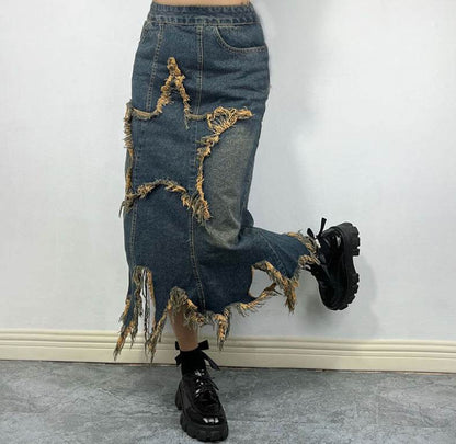 Women's American-style Retro High Waist Irregular Midi Denim Skirt