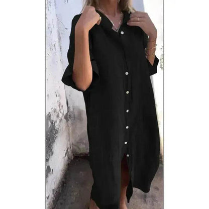 Women Loose Casual Half Sleeve Cotton Linen Buttoned down  Shirt Dress