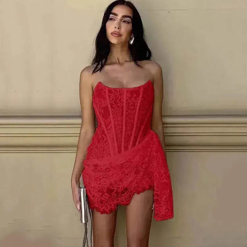 Robe Corset Bustier en Dentelle, Mini-Robe de Soirée Ajustée, Tendance et Charmante pour Femme pour les Soirées Cocktail.