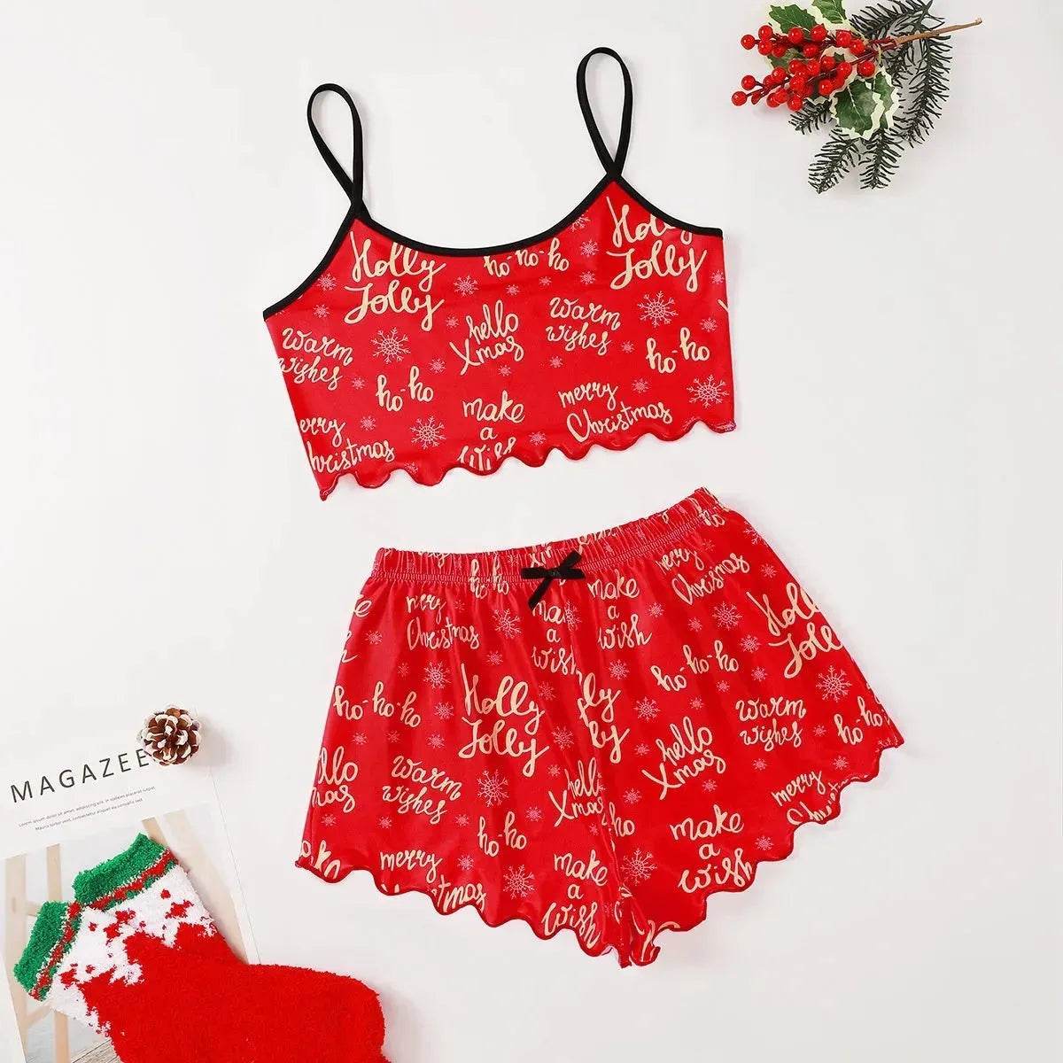 Pyjama de Noël européen et américain pour femme - Débardeur et short - Soie de lait - Simple et décontracté - Deux pièces - Vêtement d'intérieur