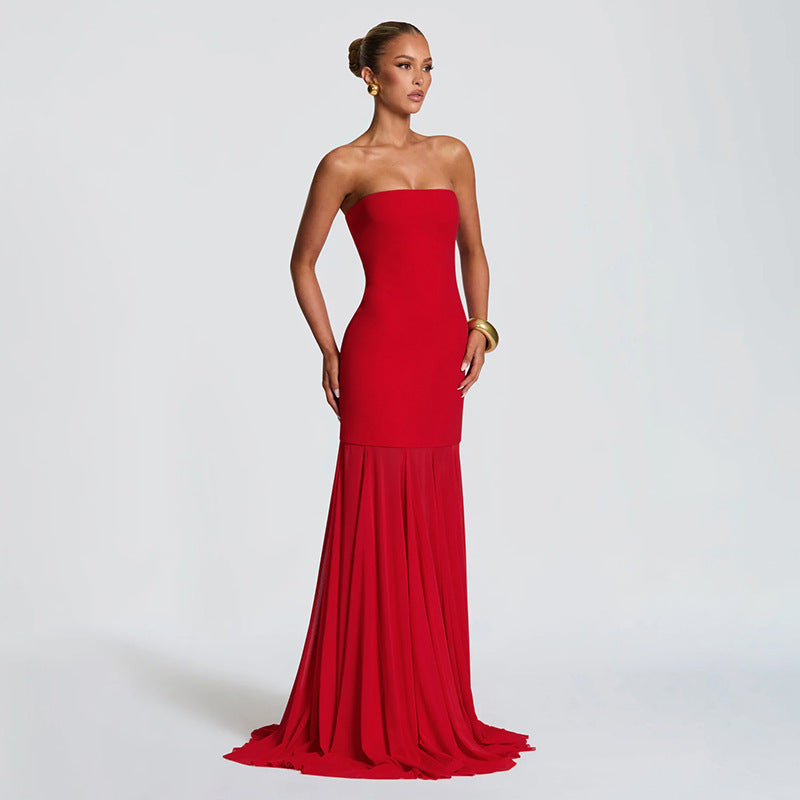Women's Sleeveless Chiffon Tube Top Dress With Ribbons – Elegant Floor-Length Dress