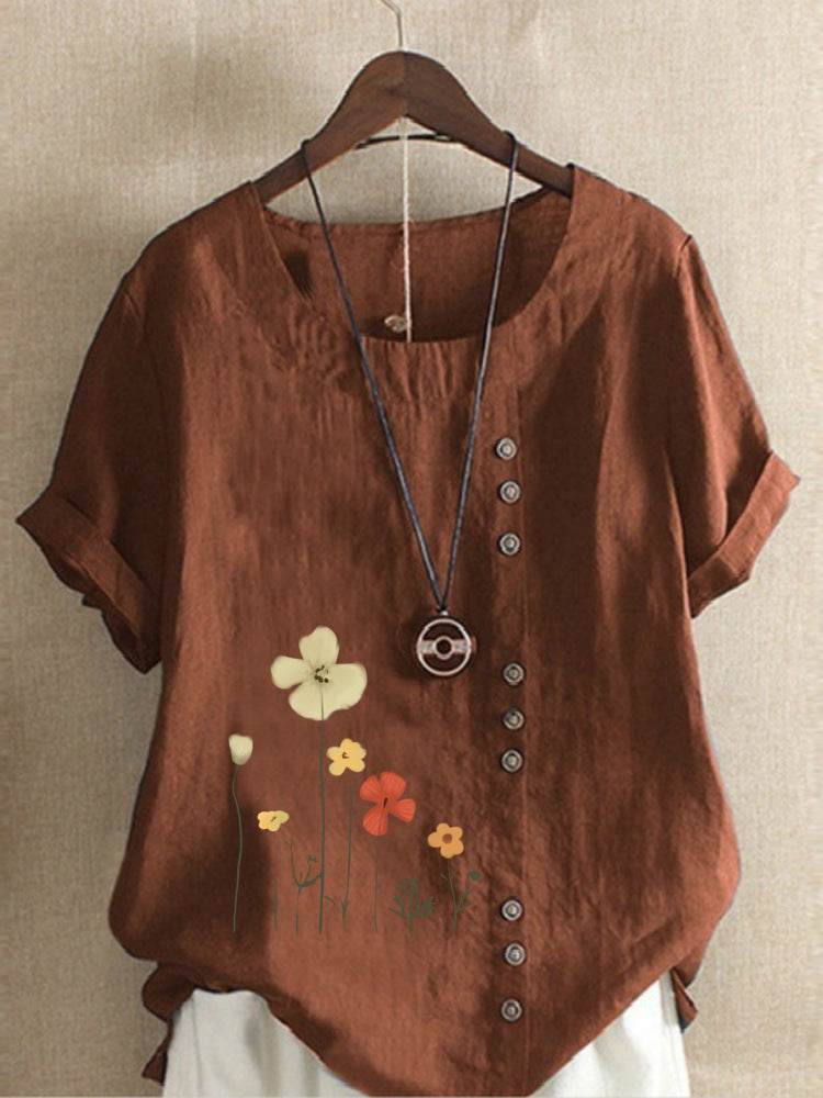 Casual Summer Beach Cotton And Linen Printed Elegant Short Sleeve blouse Top Women