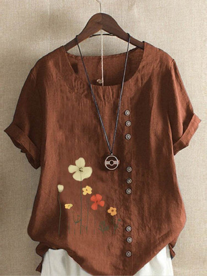 Casual Summer Beach Cotton And Linen Printed Elegant Short Sleeve blouse Top Women