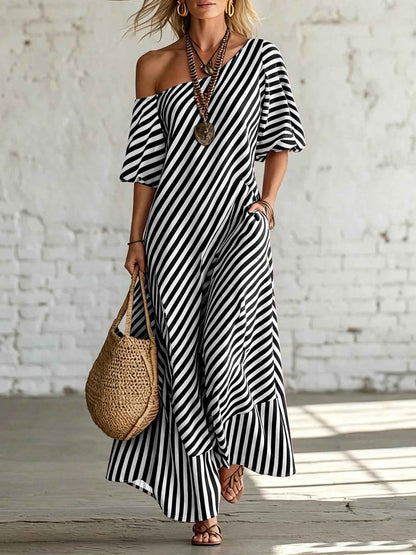 Asymmetrical One-Shoulder Striped Maxi Dress – Puff Sleeve Ruffle Hem Loose Vacation Dress with Pockets