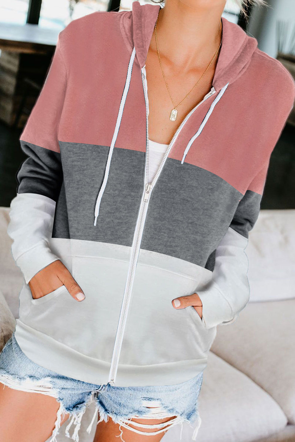 Women's Color-Contrast Hooded Zipper Cardigan Jacket