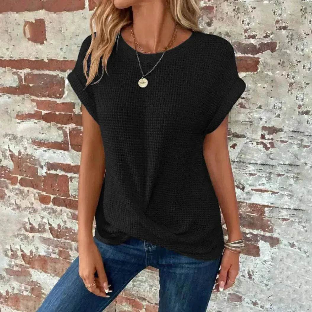 Chemise gaufrée décontractée d'été à manches courtes, Nouveau haut de soirée décontracté de couleur unie pour femme