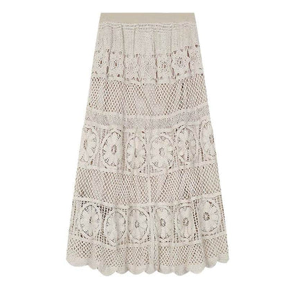 Retro Vacation Style Crocheted Hollow Beige Maxi Skirt