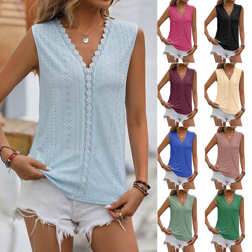 Summer Sleeveless Lace Blouse Tops Women V-neck top