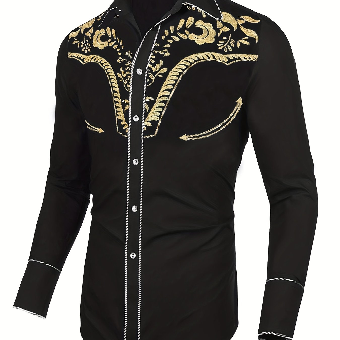 Western Cowboy Chic Long Sleeve Embroidered Shirt - Soft Cotton Blend, Elegant Design, Casual Style for Spring Fall Vacation Resort Wear - Men's Shirt for Outdoor Activities, Travel, and Leisure