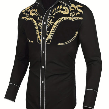 Western Cowboy Chic Long Sleeve Embroidered Shirt - Soft Cotton Blend, Elegant Design, Casual Style for Spring Fall Vacation Resort Wear - Men's Shirt for Outdoor Activities, Travel, and Leisure