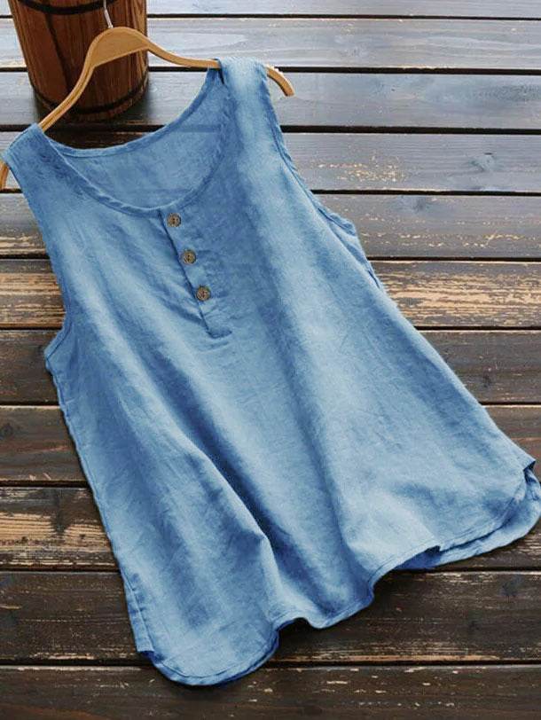 Solid Color Round Neck Loose Casual Vest Cotton Linen summer blouse top for Women