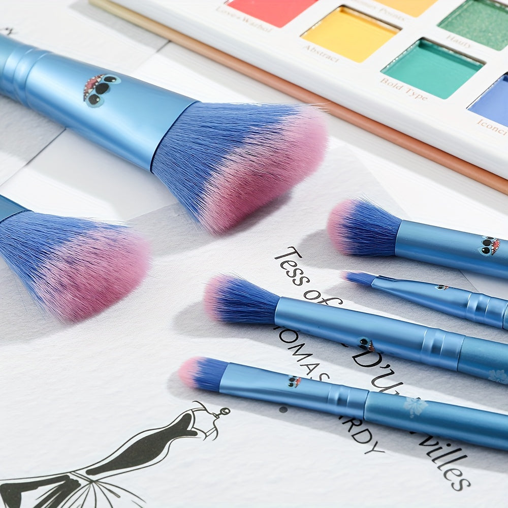 Disney Stitch 6-Piece Makeup Brush Set - Kawaii Wooden Handle, Polyester Bristles for Powder, Eye Shadow, Foundation, Blush, and Blending - Unscented Wand Beauty Brushes for Normal Skin with Gift Box