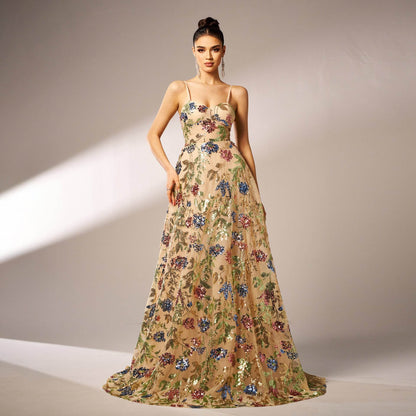 Elegant Sleeveless Sequined Suspender Maxi Evening Dress