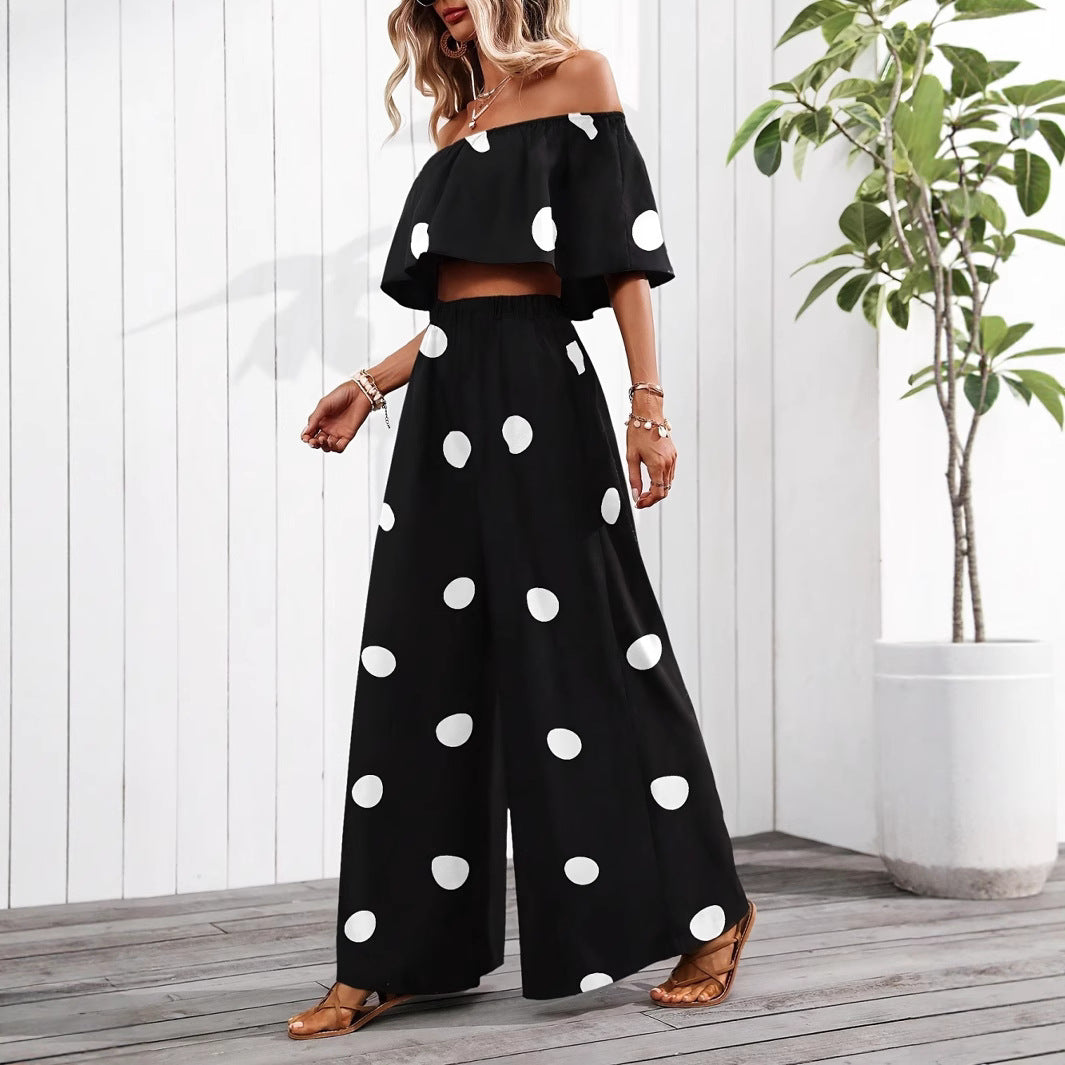 Womens Elegant Resort Polka-Dot Tube Top And Pants Set