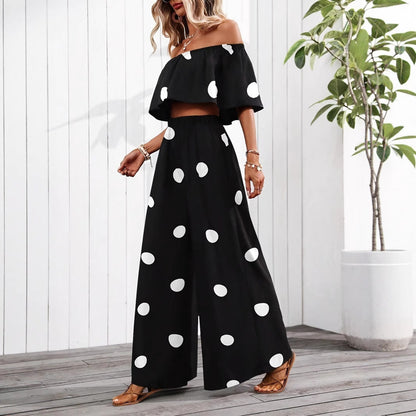 Womens Elegant Resort Polka-Dot Tube Top And Pants Set