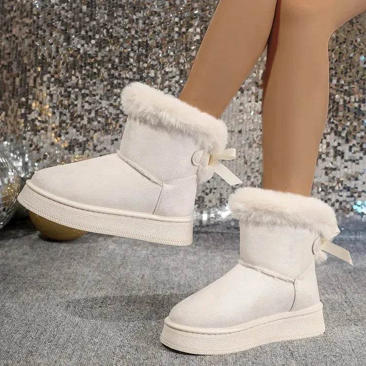 Bottes de neige d'hiver avec nœud papillon, à la mode, bout rond, plat, épaissies, en daim, coton pour femmes, chaudes, pelucheuses, courtes