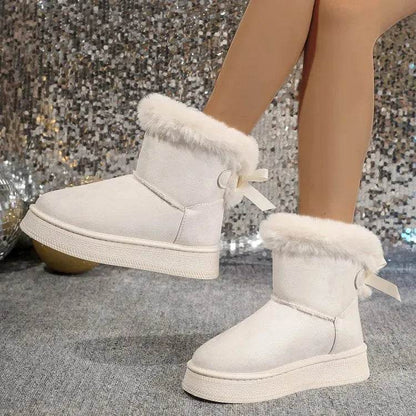 Bottes de neige d'hiver avec nœud papillon, à la mode, bout rond, plat, épaissies, en daim, coton pour femmes, chaudes, pelucheuses, courtes