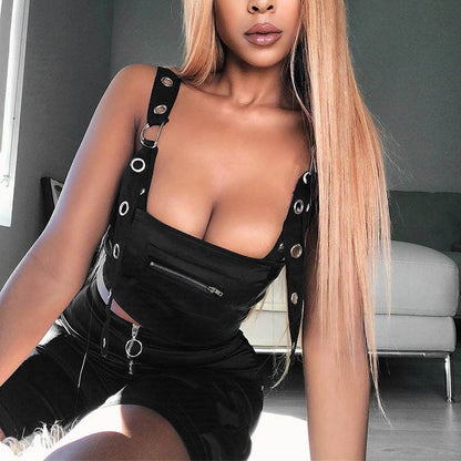 Débardeur noir d'été printemps pour femme, haut court sans manches, bustier évidé, streetwear