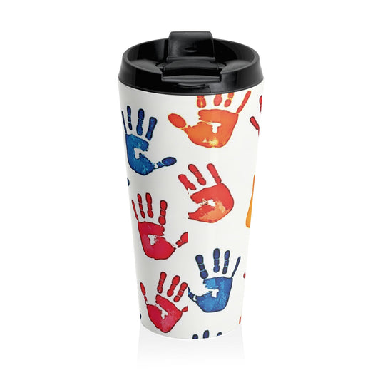 Mug de voyage en acier inoxydable avec empreintes de mains colorées — Motif artistique pour enfants, gobelet à café anti-déversement