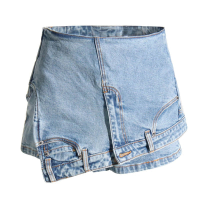 Short Irregular Solid Color Women's Denim High Street Mini Skirt Skort