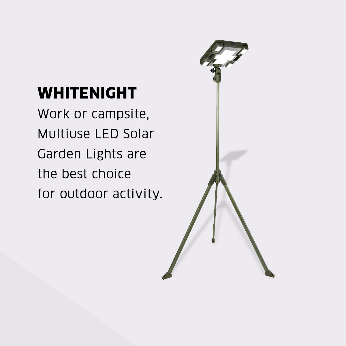 TRU De-LIGHT WHITENIGHT Projecteur LED Solaire / Secteur / DC Multiusage - Lumière Principale pour Jardin, Camping + 4 Lampes Latérales Amovibles Multimodes Indépendantes / Trépied + Sac de Transport