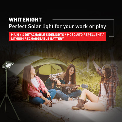 TRU De-LIGHT WHITENIGHT Projecteur LED Solaire / Secteur / DC Multiusage - Lumière Principale pour Jardin, Camping + 4 Lampes Latérales Amovibles Multimodes Indépendantes / Trépied + Sac de Transport