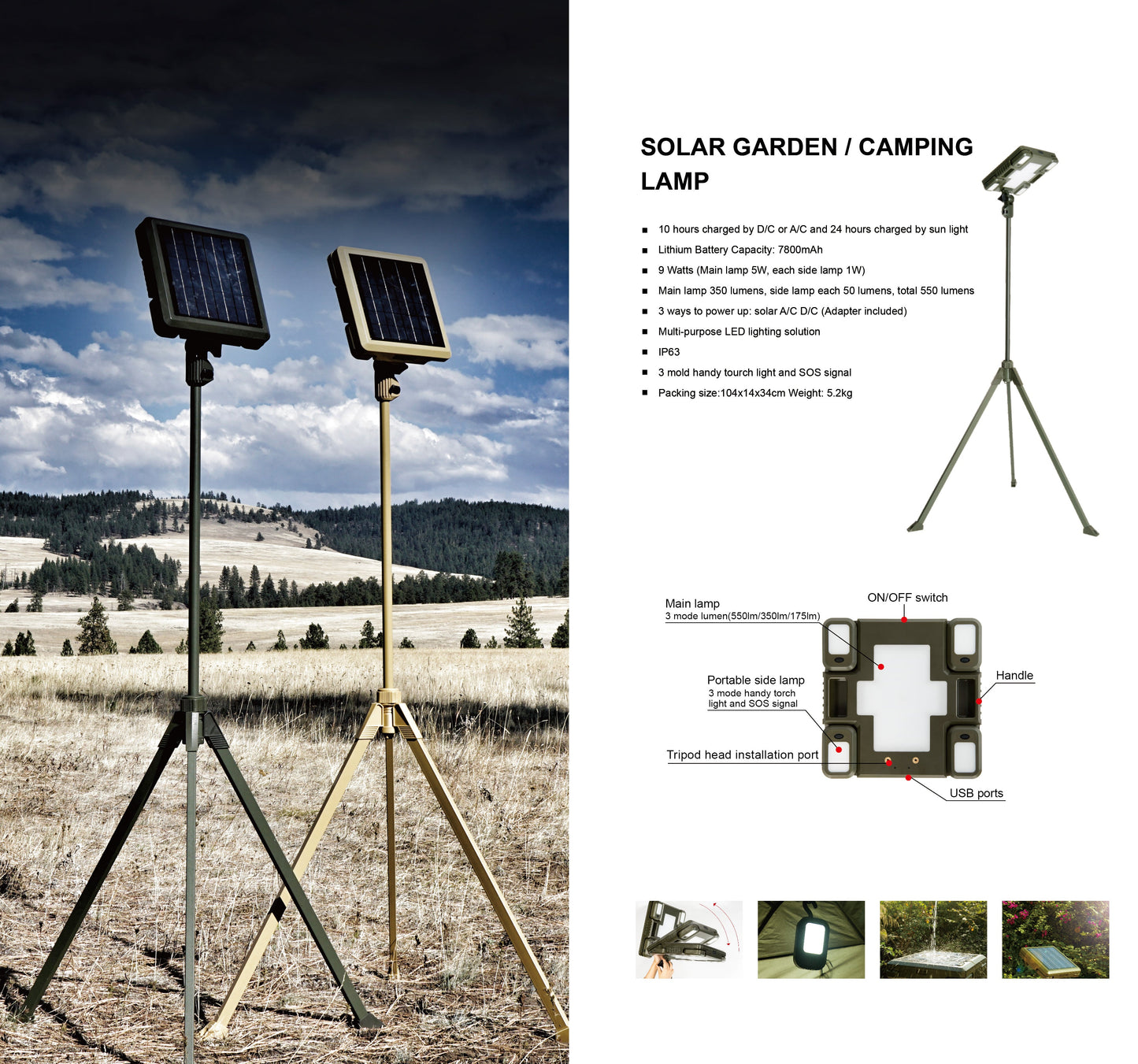 TRU De-LIGHT WHITENIGHT Projecteur LED Solaire / Secteur / DC Multiusage - Lumière Principale pour Jardin, Camping + 4 Lampes Latérales Amovibles Multimodes Indépendantes / Trépied + Sac de Transport