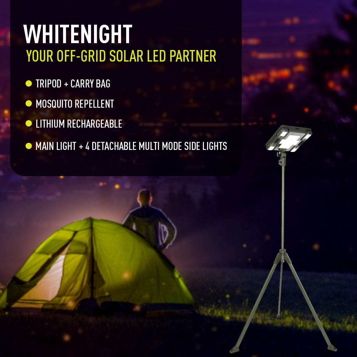 TRU De-LIGHT WHITENIGHT Projecteur LED Solaire / Secteur / DC Multiusage - Lumière Principale pour Jardin, Camping + 4 Lampes Latérales Amovibles Multimodes Indépendantes / Trépied + Sac de Transport