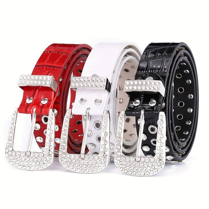 Sparkling Hollow Out Rhinestone Belt Solid Color PU Leather Belt Hip Hop Jeans Pants Belt Y2K Cowboy Cowgirl Belt For Women & Men